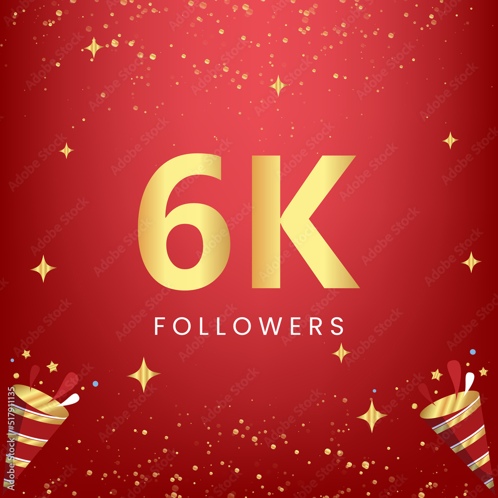 Thank you 6k or 6 thousand followers with gold bokeh and star isolated on red background. Premium design for social media story, social sites posts, greeting card, social networks, poster, banner.