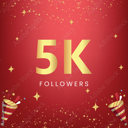 Thank you 5k or 5 thousand followers with gold bokeh and star isolated on red background. Premium design for social media story, social sites posts, greeting card, social networks, poster, banner.