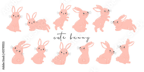 cute bunny rabbit pink in different poses collection, cartoon animal hand drawing vector illustration © Natsicha