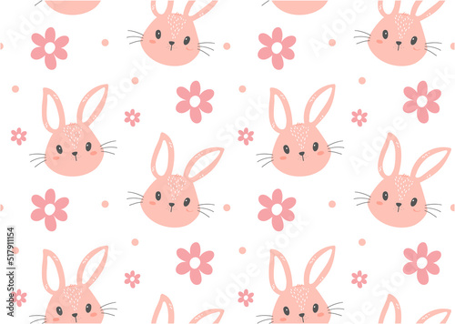 cute pink bunny rabbit face floral pattern seamless isolated on white background  nursery animal hand drawing vector