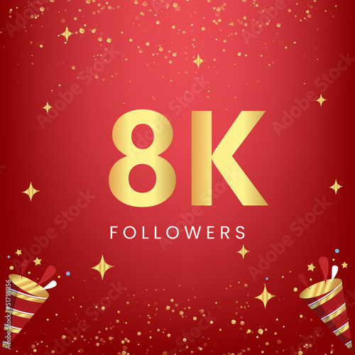 Thank you 8k or 8 thousand followers with gold bokeh and star isolated on red background. Premium design for social media story, social sites posts, greeting card, social networks, poster, banner.