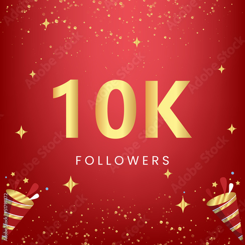 Thank you 10k or 10 thousand followers with gold bokeh and star isolated on red background. Premium design for social media story, social sites posts, greeting card, social networks, poster, banner.
