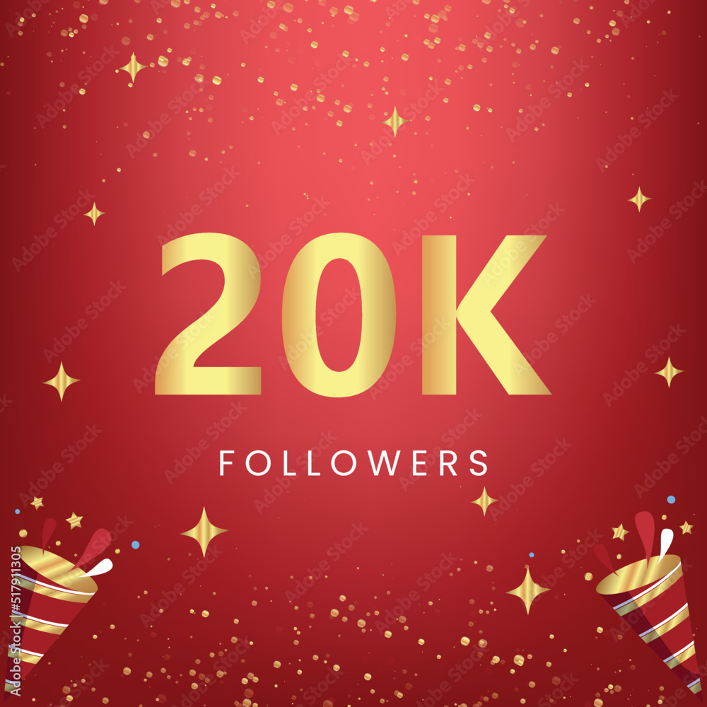 Thank you 20k or 20 thousand followers with gold bokeh and star isolated on red background. Premium design for social media story, social sites posts, greeting card, social networks, poster, banner.