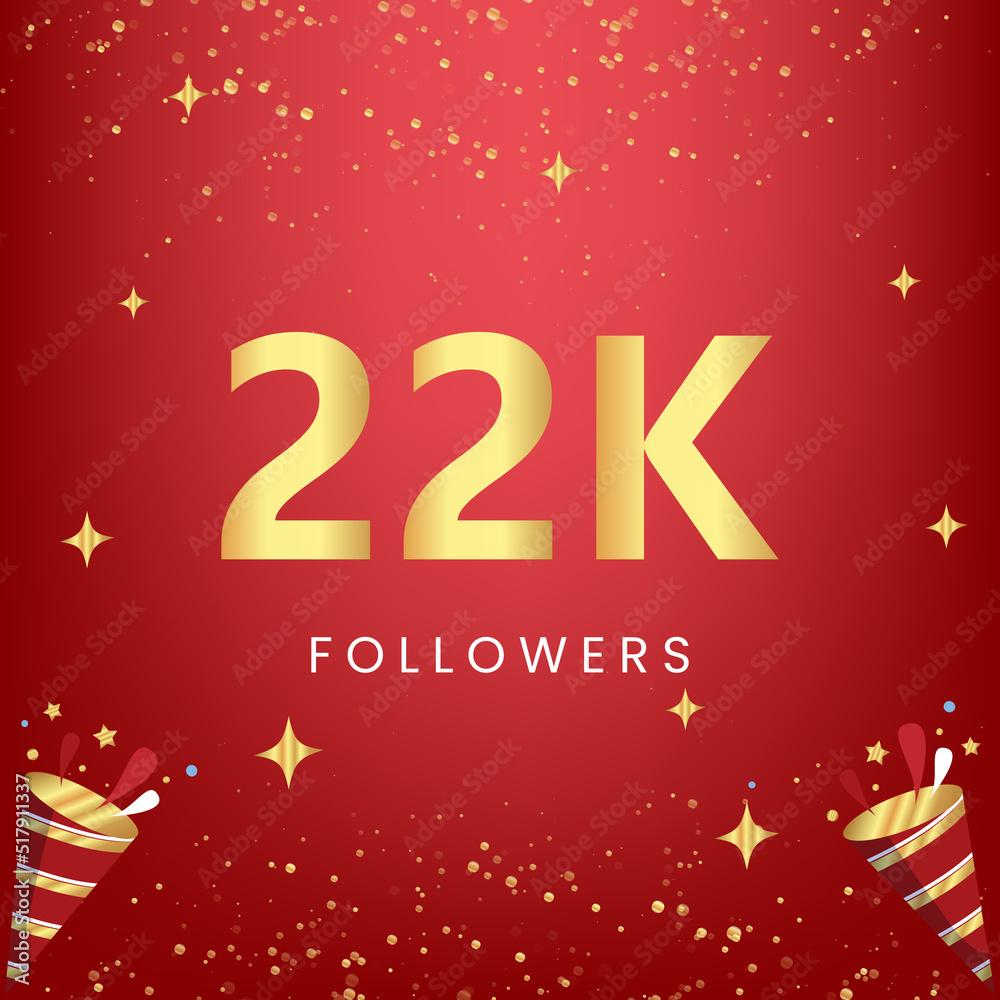Thank you 22k or 22 thousand followers with gold bokeh and star isolated on red background. Premium design for social media story, social sites posts, greeting card, social networks, poster, banner.