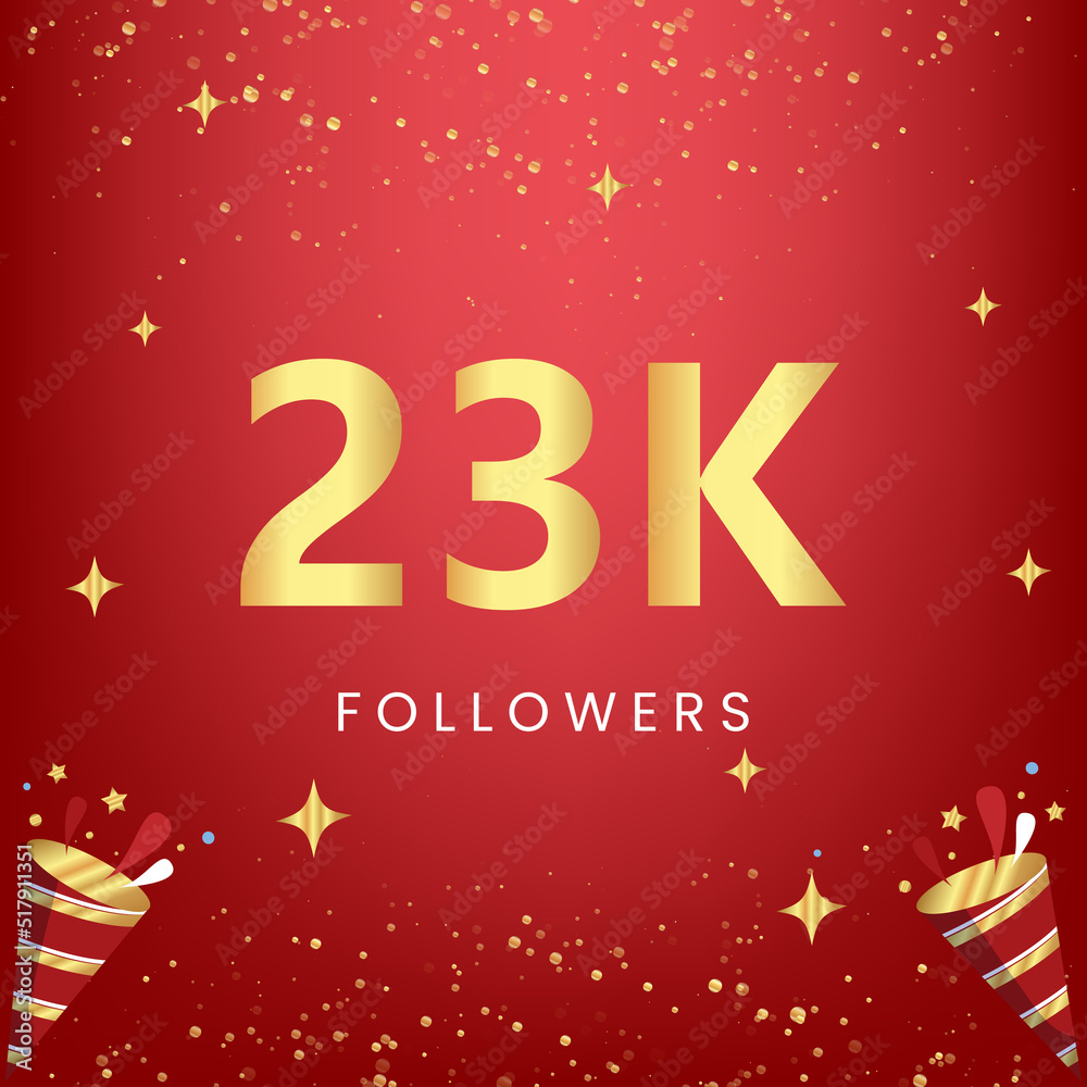Thank you 23k or 23 thousand followers with gold bokeh and star isolated on red background. Premium design for social media story, social sites posts, greeting card, social networks, poster, banner.