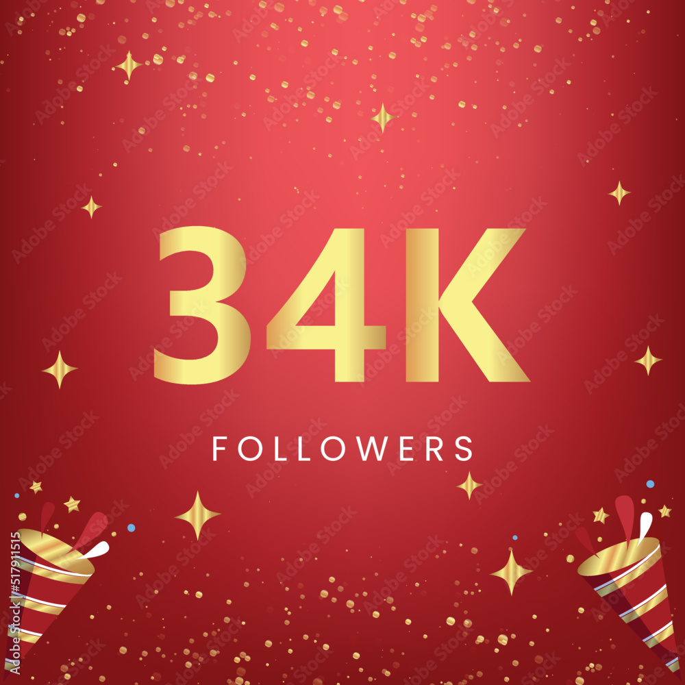 Thank you 34k or 34 thousand followers with gold bokeh and star isolated on red background. Premium design for social media story, social sites posts, greeting card, social networks, poster, banner.