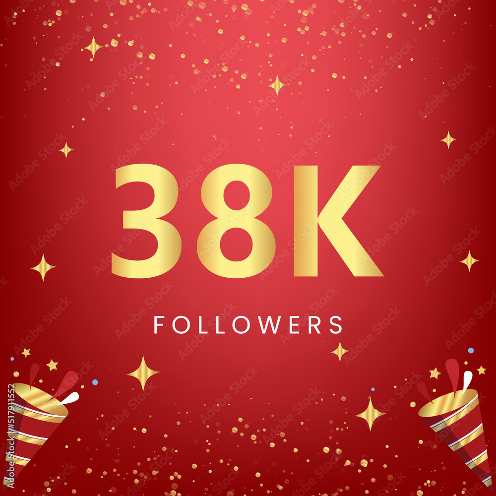 Thank you 38k or 38 thousand followers with gold bokeh and star isolated on red background. Premium design for social media story, social sites posts, greeting card, social networks, poster, banner. Thank you 38k or 38 thousand followers with gold bokeh and star isolated on red background. Premium design for social media story, social sites posts, greeting card, social networks, poster, banner.