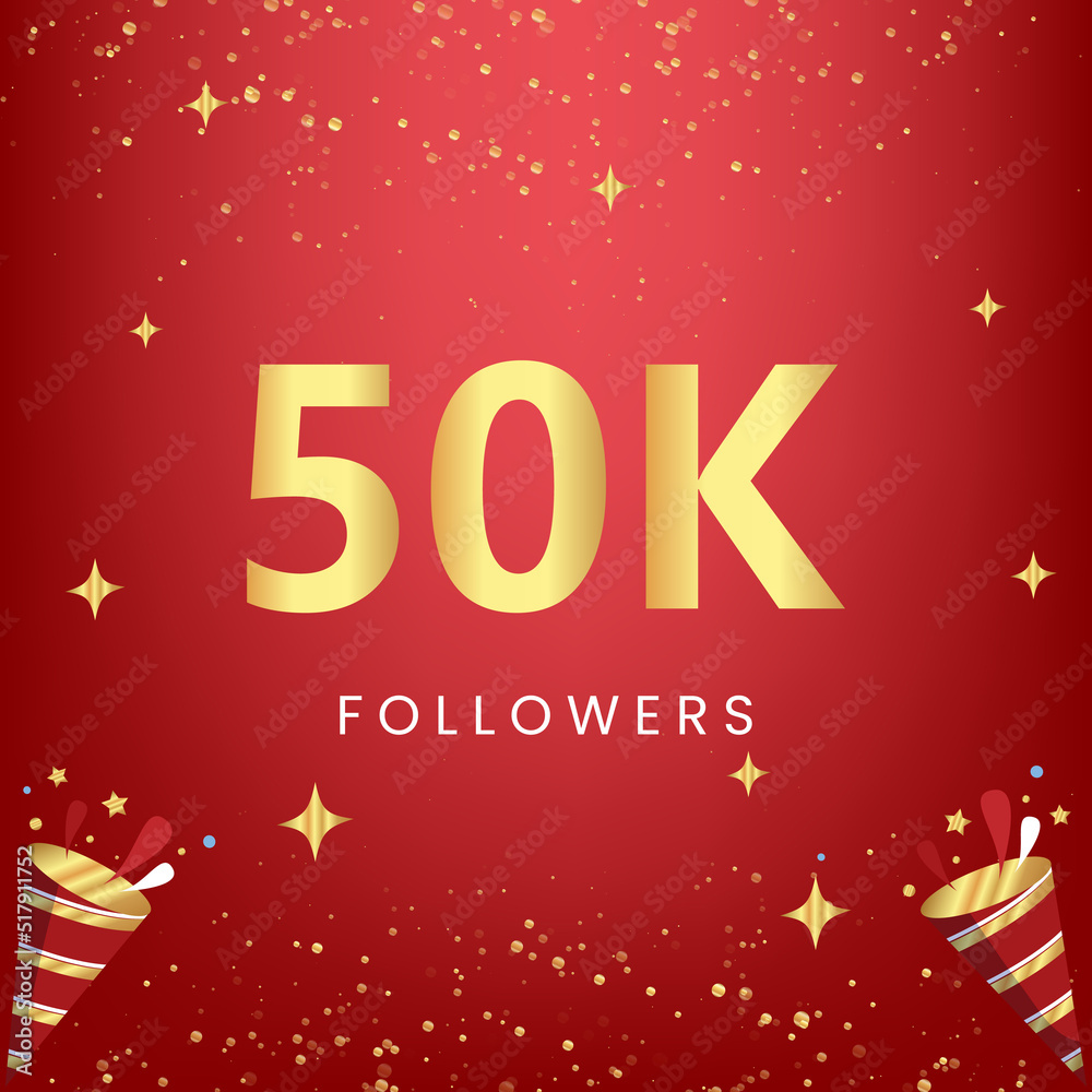 Naklejka premium Thank you 50k or 50 thousand followers with gold bokeh and star isolated on red background. Premium design for social media story, social sites posts, greeting card, social networks, poster, banner.