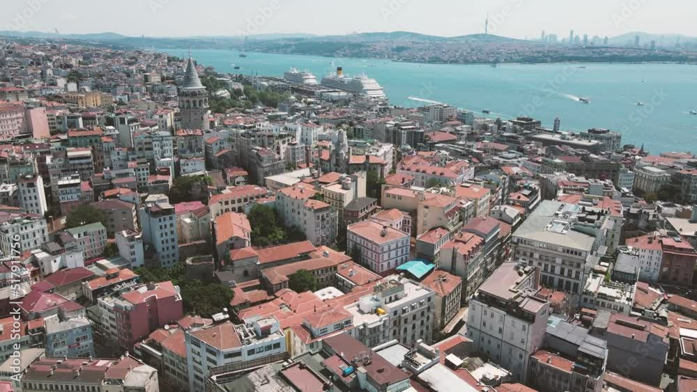 famous Galata Tower and istanbul bosphorus aeial view with cruise ships famous Galata Tower and istanbul bosphorus aeial view with cruise ships