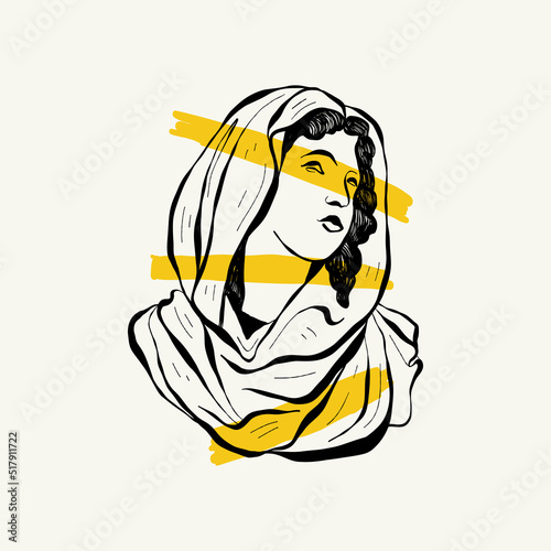 Linear drawings of heads of antique statues of the goddess and mythical god in the engraving style. Creative minimal linear woman vector with growing branch from her head.