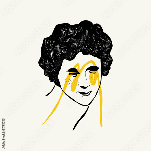 Linear drawings of heads of antique statues of the goddess and mythical god in the engraving style. Creative minimal linear woman vector with growing branch from her head.