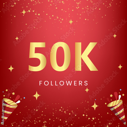 Thank you 50k or 50 thousand followers with gold bokeh and star isolated on red background. Premium design for social media story, social sites posts, greeting card, social networks, poster, banner.