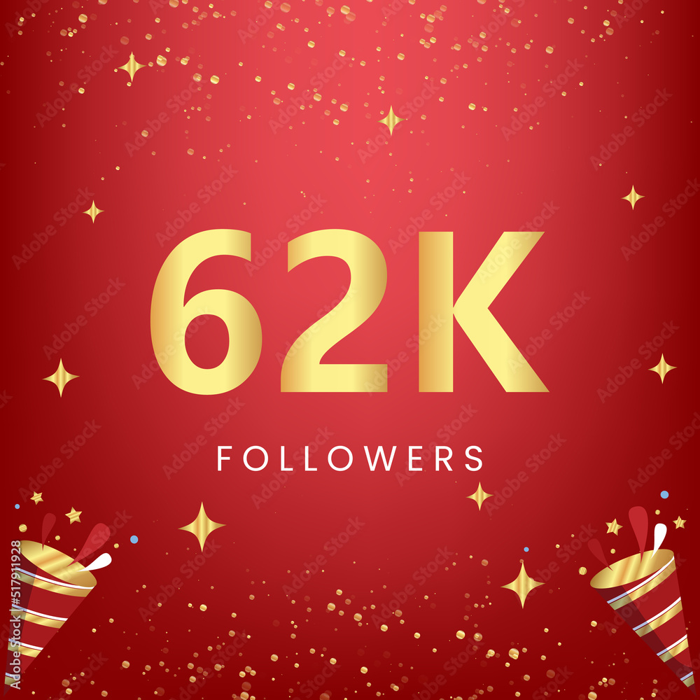 Thank you 62k or 62 thousand followers with gold bokeh and star isolated on red background. Premium design for social media story, social sites posts, greeting card, social networks, poster, banner. Thank you 62k or 62 thousand followers with gold bokeh and star isolated on red background. Premium design for social media story, social sites posts, greeting card, social networks, poster, banner.