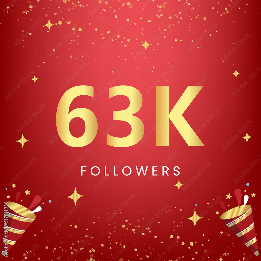 Thank you 63k or 63 thousand followers with gold bokeh and star isolated on red background. Premium design for social media story, social sites posts, greeting card, social networks, poster, banner.