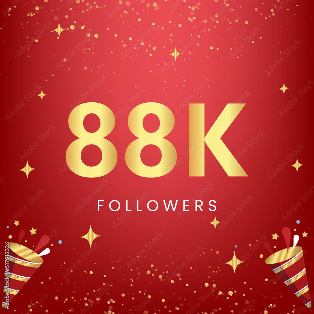 Thank you 88k or 88 thousand followers with gold bokeh and star isolated on red background. Premium design for social media story, social sites posts, greeting card, social networks, poster, banner.