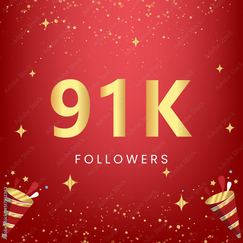 Thank you 91k or 91 thousand followers with gold bokeh and star isolated on red background. Premium design for social media story, social sites posts, greeting card, social networks, poster, banner.