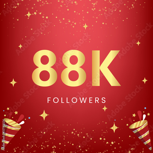 Thank you 88k or 88 thousand followers with gold bokeh and star isolated on red background. Premium design for social media story, social sites posts, greeting card, social networks, poster, banner.