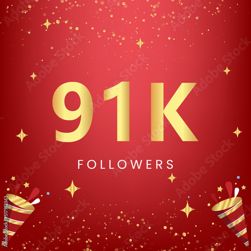 Thank you 91k or 91 thousand followers with gold bokeh and star isolated on red background. Premium design for social media story, social sites posts, greeting card, social networks, poster, banner.