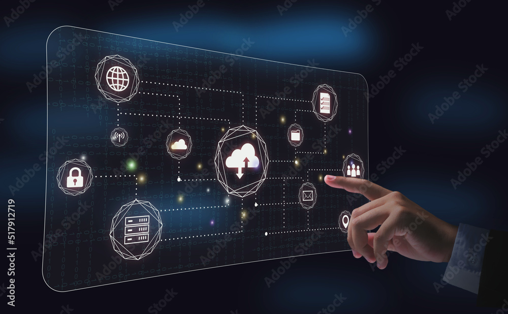 Fototapeta premium Business hands click on cloud-connected virtual screens. cloud computing concept cloud technology database technology internet network service file access Document sharing and storage