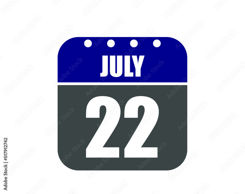 22 July calendar banner. July calendar icon in blue and gray.