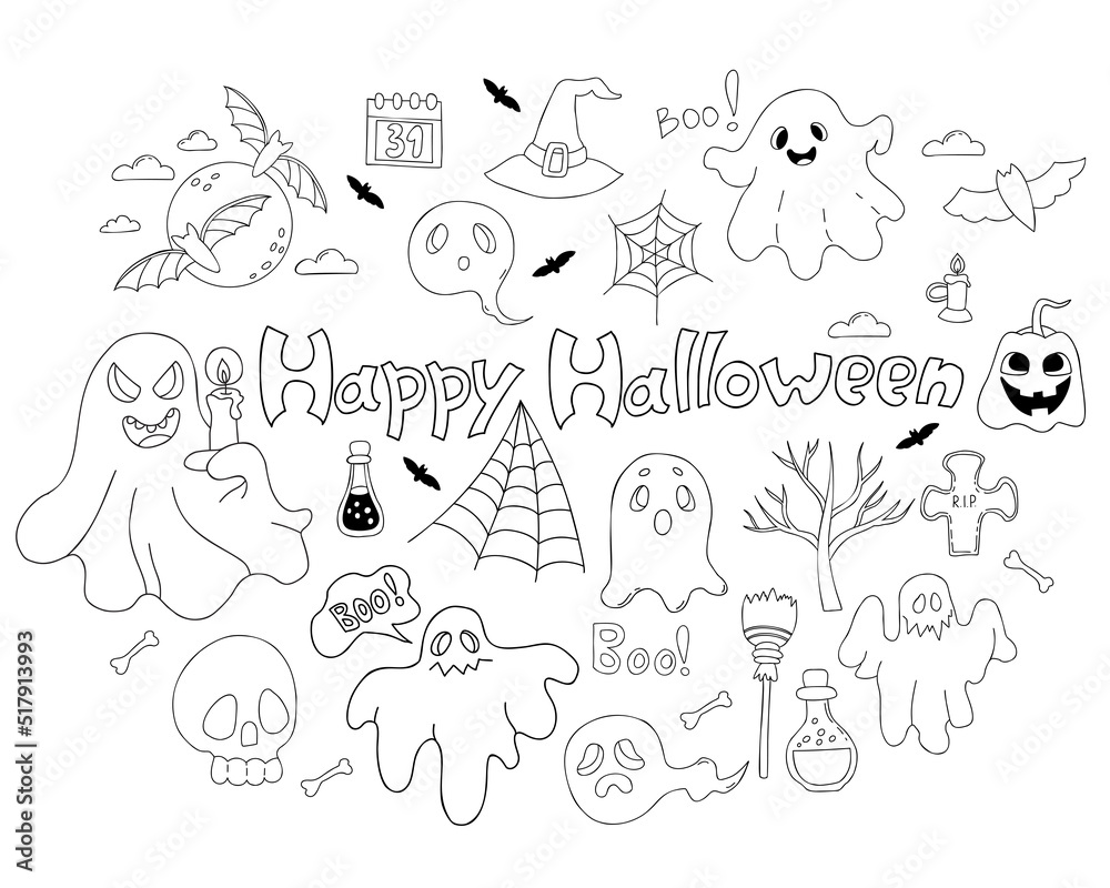 Magic doodle collection Happy Halloween. Cute ghost and spook with candle, jack pumpkin, bat and skull, grave and witch hat and magical potions. Vector linear hand drawn doodle. Isolated elements.