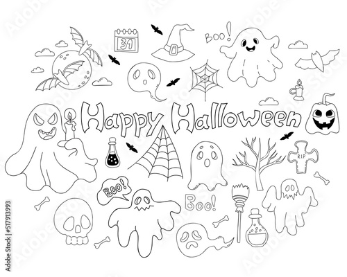 Fototapeta Naklejka Na Ścianę i Meble -  Magic doodle collection Happy Halloween. Cute ghost and spook with candle, jack pumpkin, bat and skull, grave and witch hat and magical potions. Vector linear hand drawn doodle. Isolated elements.