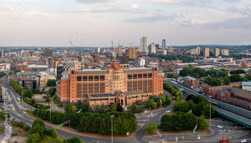 Aerial view of imposing architecture in a Leeds cityscape skyline