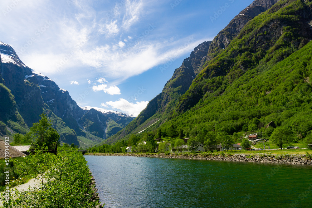 Fjord surrounded by green trees and high mountains in Norway