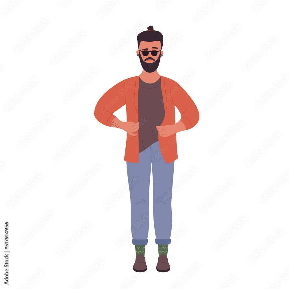 Cool young hipster man. Standing stylish boy in casual clothes vector illustration