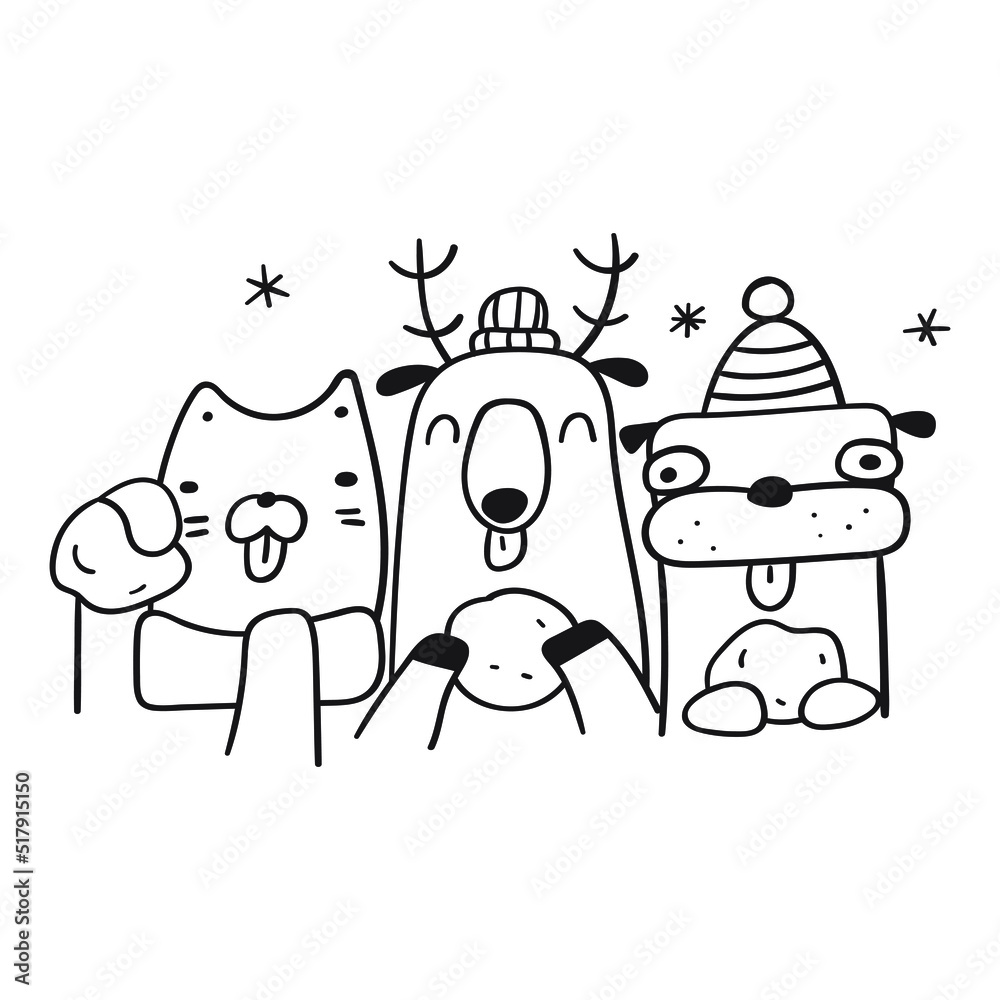 Naklejka premium Cat, dog and reindeer holds snowballs. Funny outline vector illustration on white background.
