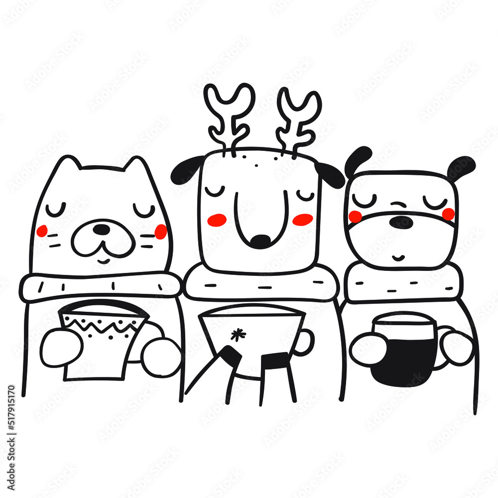 Cat, deer, dog drink coffee. Christmas concept. Outline vector illustration on white background. Cat, deer, dog drink coffee. Christmas concept. Outline vector illustration on white background.