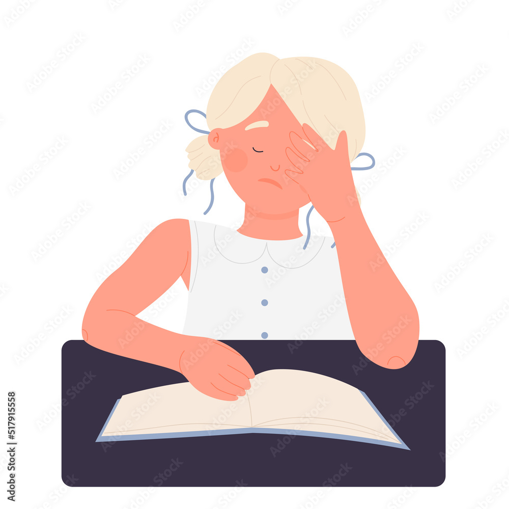 Tired little girl reading book. Primary school pupil learning vector illustration