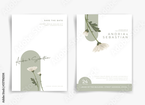 White and green wedding card or invitation card with white flower and leaf theme front side and backside. Nature wedding card. Nature cover. Wedding card template.