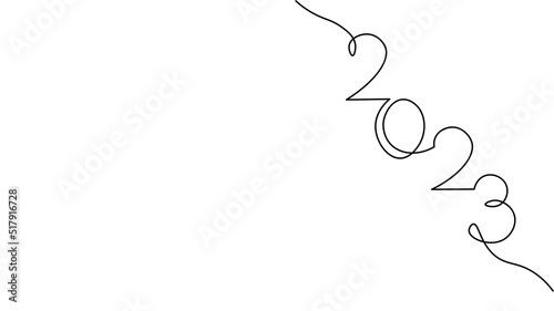 2023 New Year single continuous line art. Holiday greeting card headline decoration. Date numbers concept design. One sketch outline drawing white vector illustration