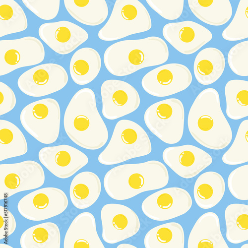 Fried eggs motifs on light blue background seamless pattern. Cute funny breakfast menu template. Abstract simple scrambled eggs diggerent white shapes. Circle yellow yolks vector illustration
