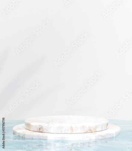 Cosmetic background for product presentation.minimal podium for fashion magazine illustration,on the water. 3d render illustration