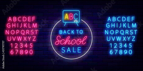 Back to school neon label. School blackboard with circle frame. chool sale promotion. Vector stock illustration