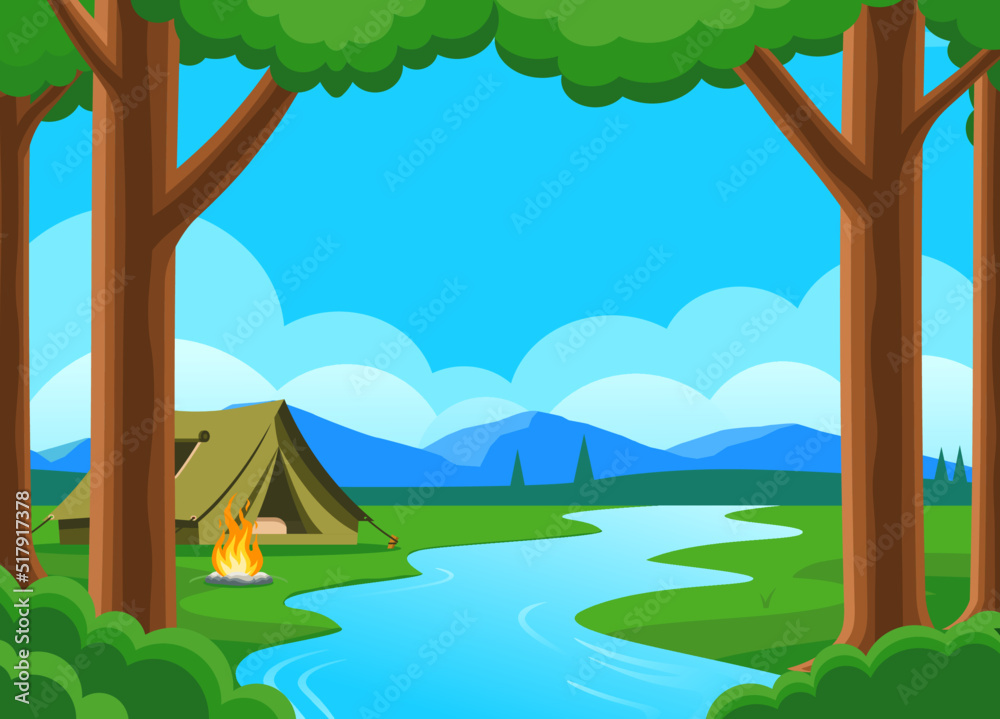 Tent by the River in the forest and mountains cartoon vector landscape. River in the woods. Nature background. Camping. Campsite