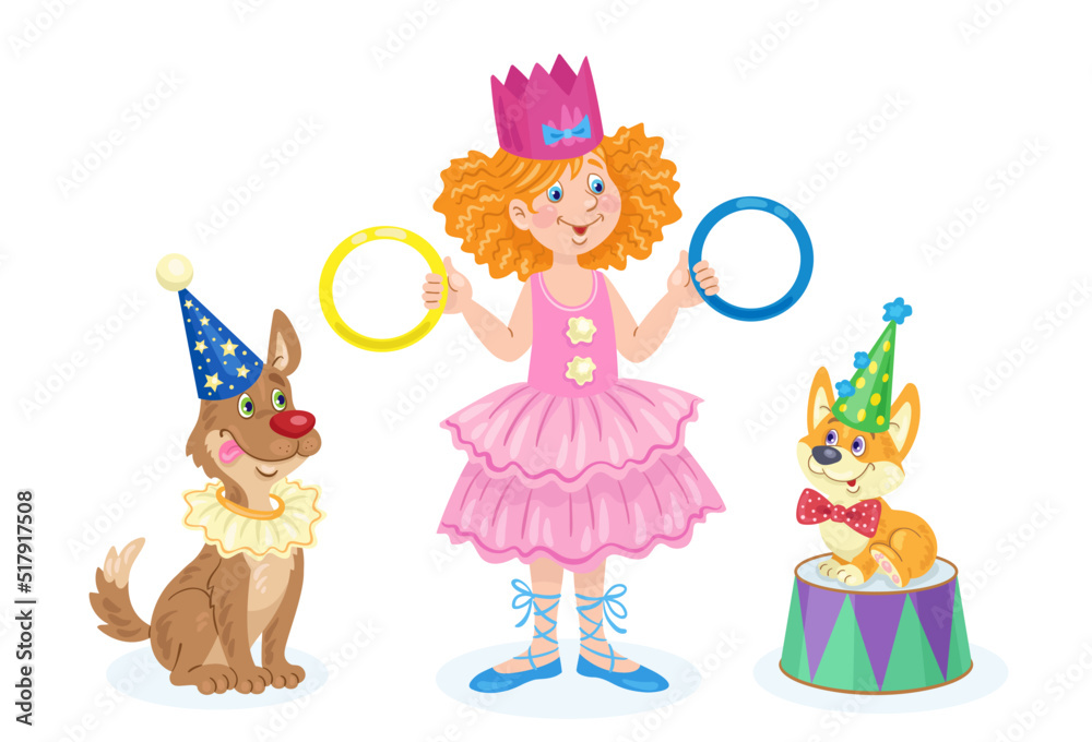 Obraz premium Cute little girl in carnival costume with two trained dogs. In cartoon style. Isolated on white background. Vector illustration.