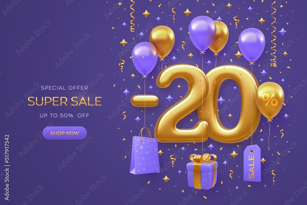 20 percent Off discount promotion Sale banner design on purple background. Realistic gold 3D 20 number with shopping bag, price tag, gift box with golden bow, fly helium balloons. Vector illustration. 20 percent Off discount promotion Sale banner design on purple background. Realistic gold 3D 20 number with shopping bag, price tag, gift box with golden bow, fly helium balloons. Vector illustration.