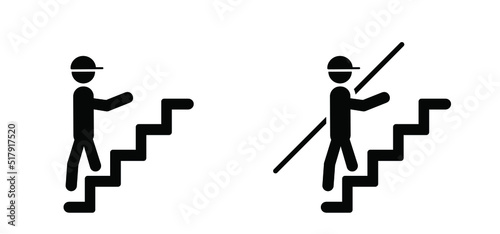Ladder descending, ascending. Arrow stairs climbing. Go down, up. to exit. Person, stickman, stick figure man. Downstair op upstairs logo. Cartoon steps. man going up. photo
