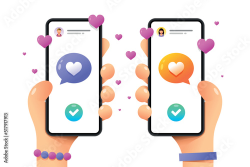 Smartphone mockup in human hand. Female and male love messaging. Perfect match. Vector colorful love in web