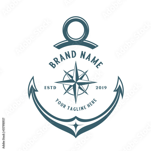 vintage anchor vector design logo. anchor and compass icon concept for sea adventure or sea related