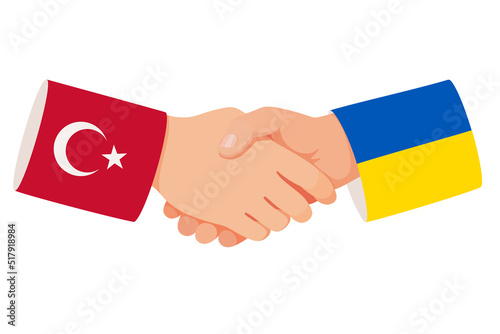 Handshake of Turkey and Ukraine. Symbol of military help and economic support. Vector icon for meeting and talks between Turkish and Ukrainian leaders. Two hands with sleeves are decorated with flags