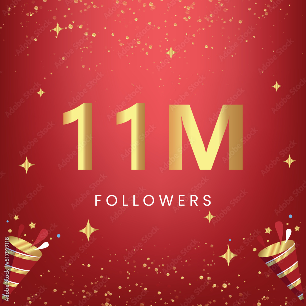 Thank you 11M or 11 million followers with gold bokeh and star isolated on red background. Premium design for social media story, social sites posts, greeting card, social networks, poster, banner.