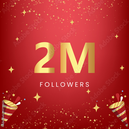 Thank you 2M or 2 million followers with gold bokeh and star isolated on red background. Premium design for social media story, social sites posts, greeting card, social networks, poster, banner. © VectoNations