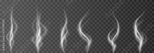 Vector set of smoke on an isolated transparent background. PNG smoke waves, smoke from cigarettes, food, liquid. White smoke, steam PNG.