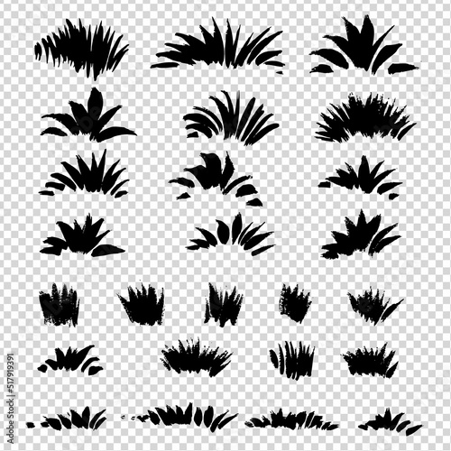 Black abstract texture grass or fur brush strokes on imitation transparent background