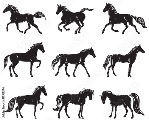 horses black silhouette set isolated, vector