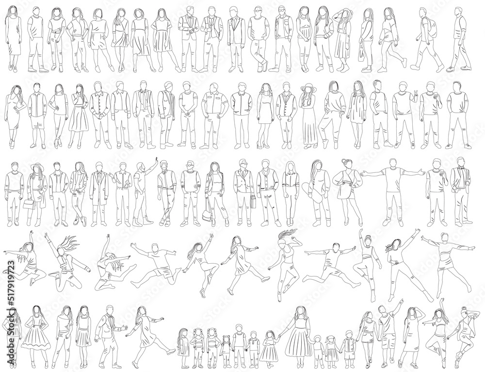 people set outline sketch on white background isolated, vector